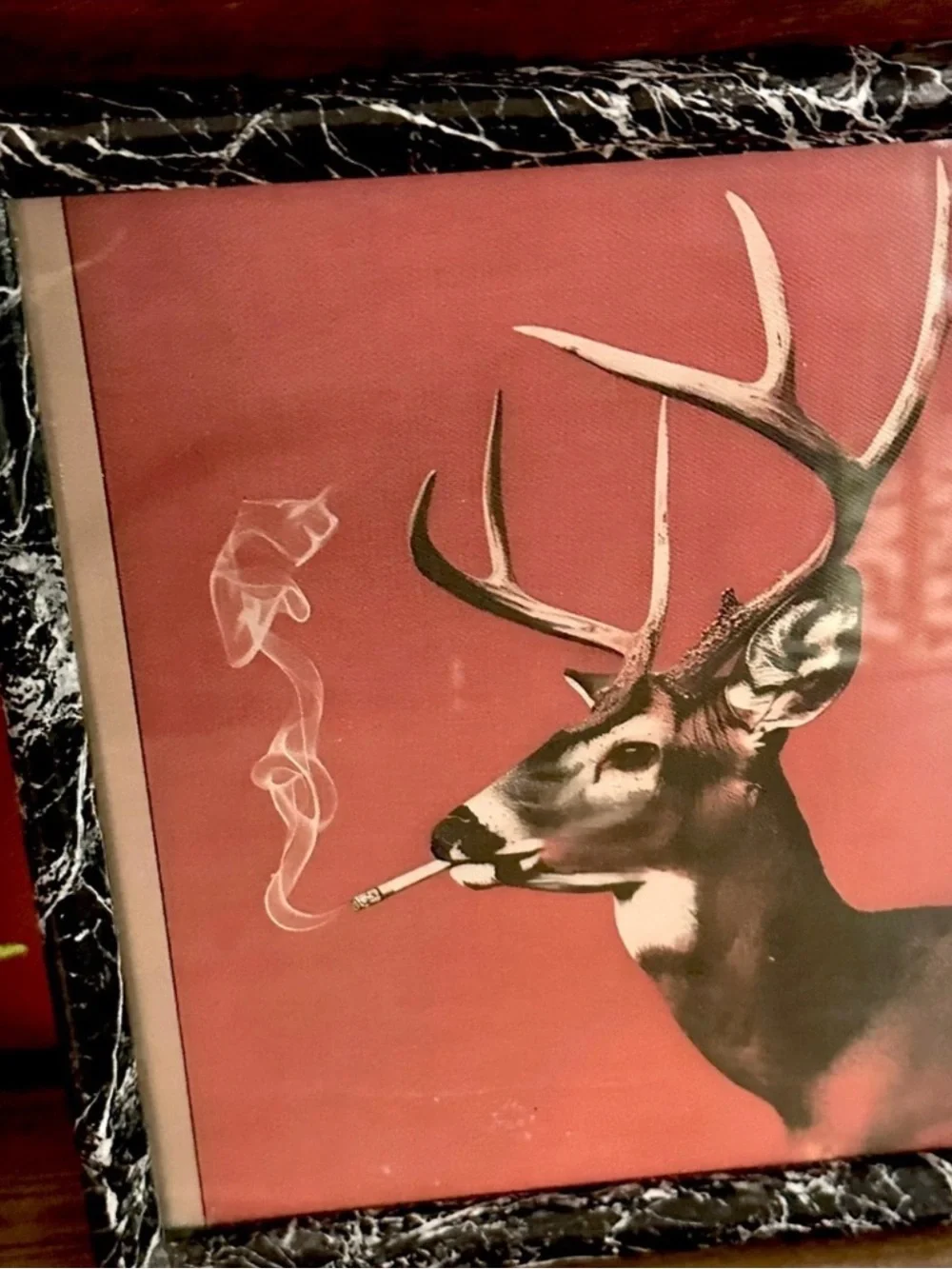 Vintage Style Buck Smoking a Cigarette Canvas Art Print Marbled Framed Deer Hunt
